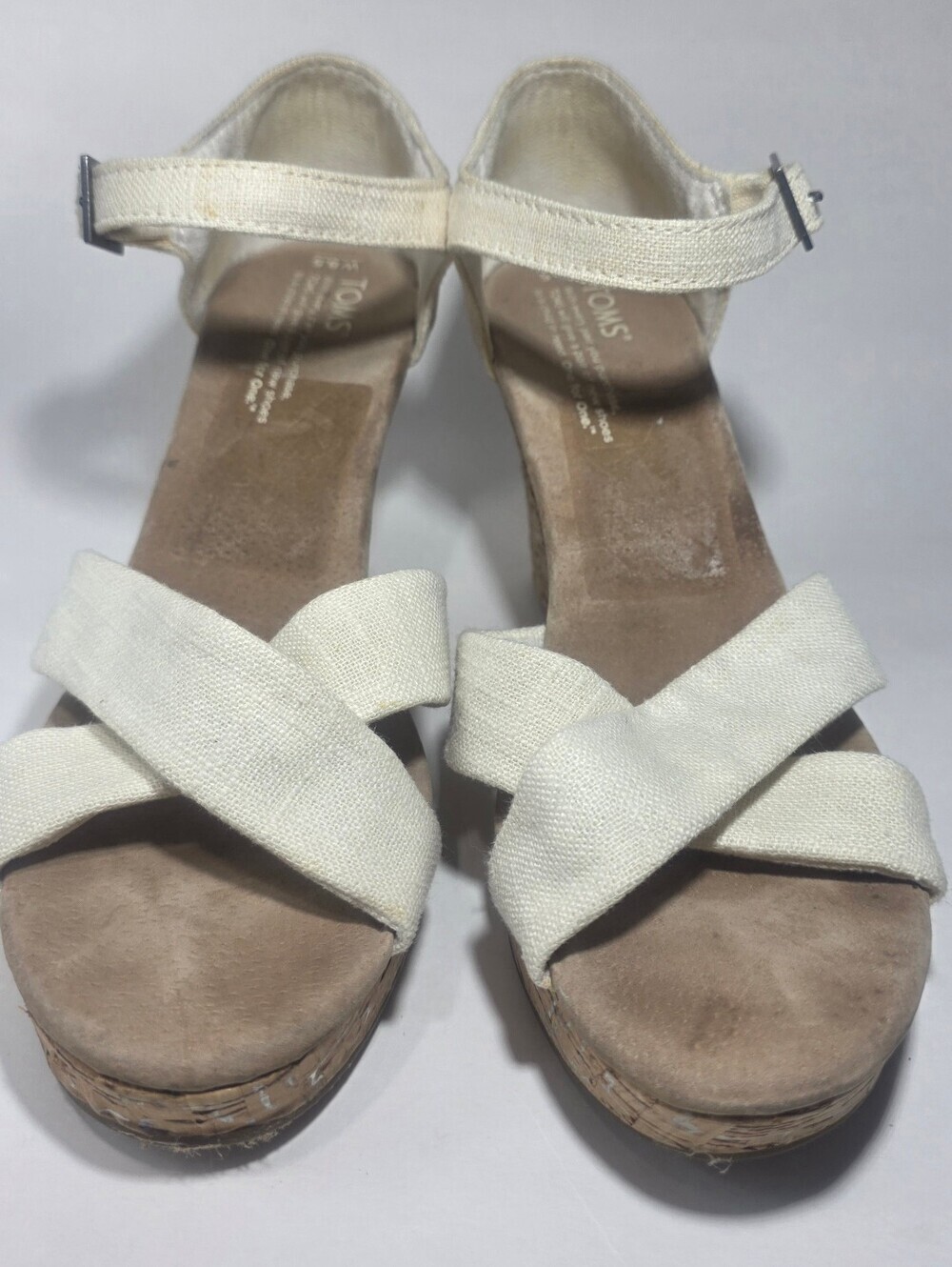 TOMS Women's Wedge Sandals Size 8.5 White Canvas Cork Heel Ankle Strap - Picture 2 of 9